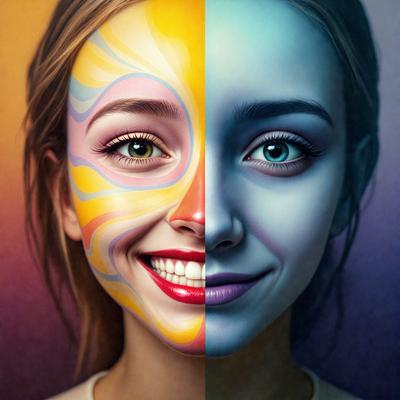 The primary subject of the image is a woman with a smile on her face. She is wearing a yellow and blue face paint, which gives her a unique and colorful appearance. The setting is a colorful background, which complements the woman's vibrant makeup. The visual style of the image is a digital art, as it is a painting of a woman with a smile. The dominant colors in the image are yellow and blue, creating a cheerful and lively atmosphere.